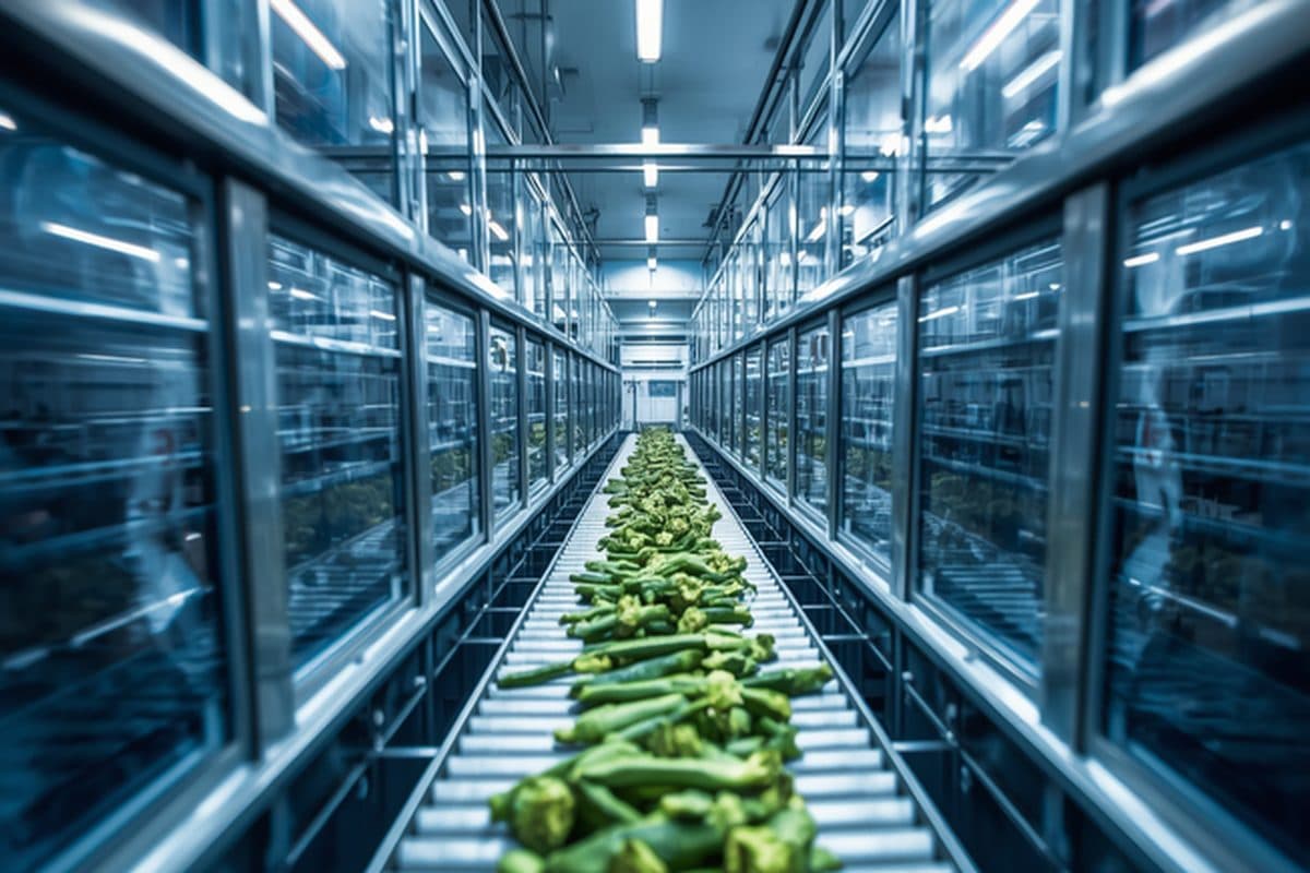 Green beans travelling through an industrial IQF freezing tunnel